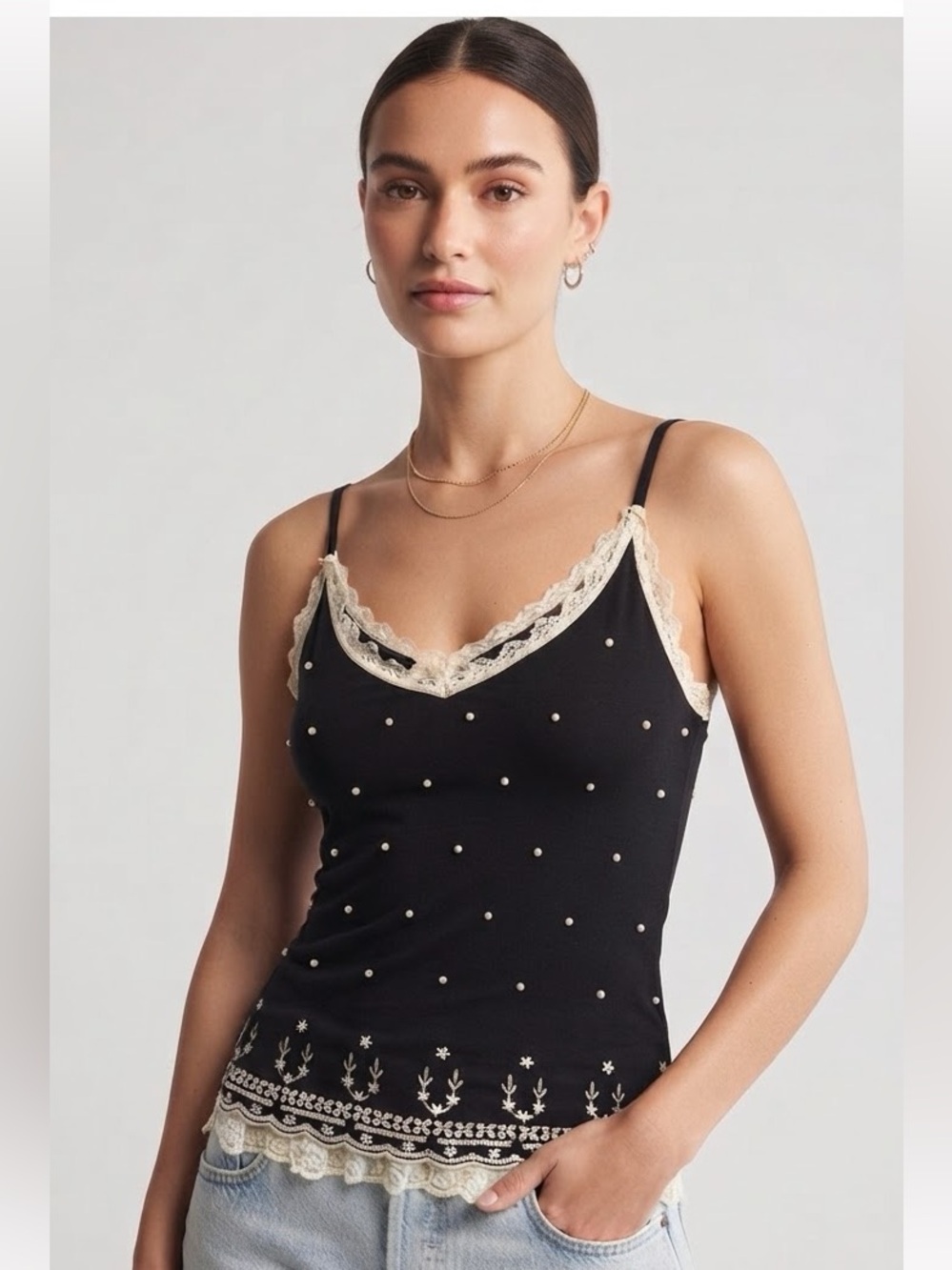 P.J. Salvage Black Camisole with Cream Lace & Pearl Dots